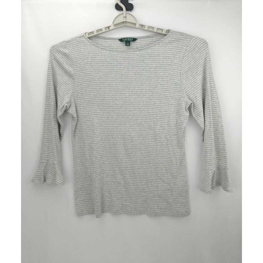 Women's Lauren by Ralph Lauren Blouse‎ Shirt Gray Stripe 3/4 Bell Sleeves XL